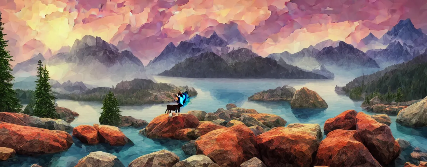 Image similar to super detailed color lowpoly art, northern sunset with rocks on front, blured monochromic lake in the middle of perspective and foggy mountains at background, graphic reindeers in random points, unreal engine, gothic rich deep colors, molotow premium pastel color palette, imperial boy, 3d render, lowpoly, colorful, digital art