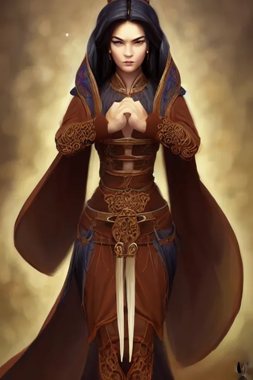 Image similar to a full body portrait of a gorgeous female monk, D&D, fighting stance, clenched fists, stylish dress, very long flowing dark hair, beautiful bone structure, intricate, elegant, stylish, cute slightly nerdy smile, fantasy, highly detailed, digital painting, artstation, concept art, smooth, sharp focus, illustration, art by artgerm and greg rutkowski and alphonse mucha