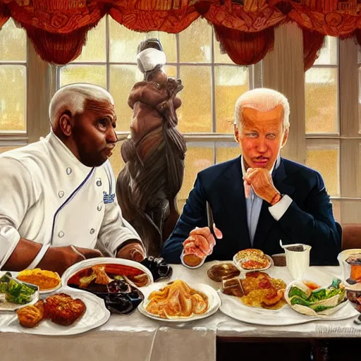 Image similar to Joe Biden and an obese chef eating together unhealthy food at the white house, highly detailed, digital painting, artstation, concept art, sharp focus, illustration, art by artgerm and greg rutkowski and alphonse mucha and Norman Rockwell