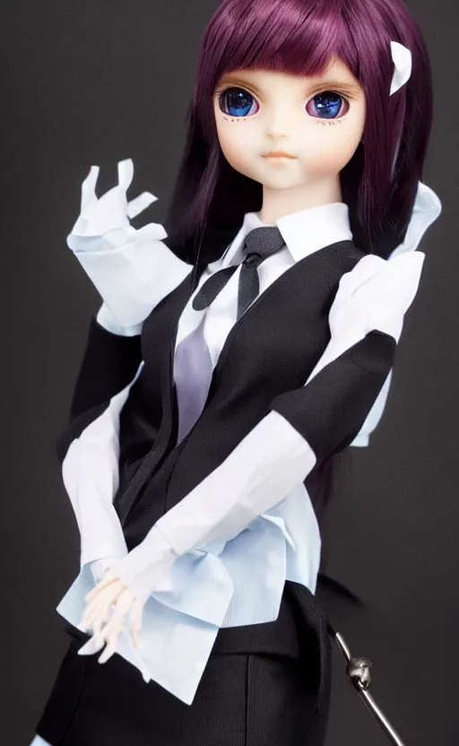 Prompt: dollfie in black office suit with skirt, red hair, blue eyes, fractal flame