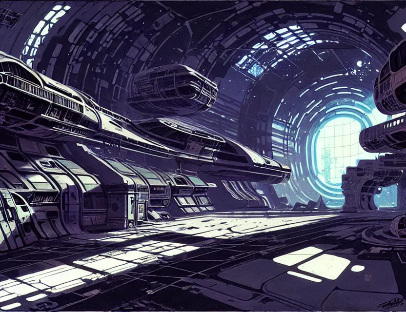 Image similar to concept art of an abandoned space station, by syd mead, cyberpunk, derelict, ancient, intricate details, cinematic, epic