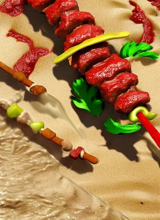 Prompt: kebab in batter on the beach with red water and green sand, ultra detailed, trending on artstation, concept art, octane render, unreal engine,