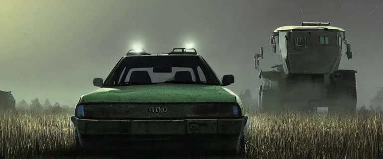 Image similar to Scrap Audi 80 B3 Avant (1988) facing a combine APC, Half-Life 2: Episode 2 (PC), a post-apocalyptic outland, dramatic lighting, cinematic, establishing shot, extremely high detail, photorealistic, cinematic lighting, artstation, by simon stalenhag