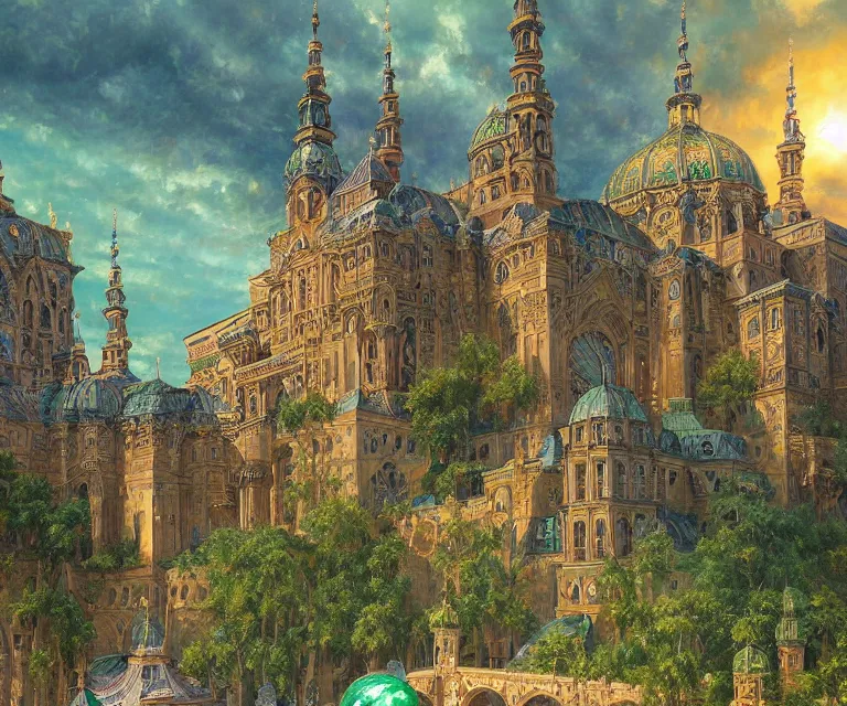 Image similar to a detailed oil painting of an intricate, ornate arabian prague palace made of green, polished semiprecious malachite marble and jade, hyper detailed, hd, artstation, beautiful sunrise lighting, by john williams waterhouse, thomas kincade, michael whelan and donato giancola