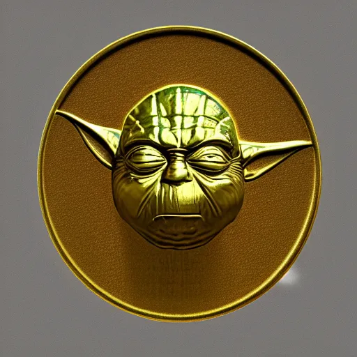 Prompt: An ancient gold coin with the yoda on it , cinematic, hyper realism, high detail, octane render, 8k