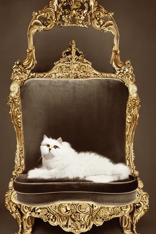 Image similar to a silver gelatin photo portrait of a magnificent fluffy fat royal cat on an embroidered velvet cushion on a neo - rococo gilded little bed, by david lachapelle, photorealistic, photography, wide shot