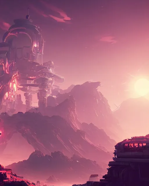 Image similar to beautiful landscape, nier automata, protoss temple!!!, machine planet, pink sun, advanced technology, cinematic lighting, highly detailed, masterpiece, art by bastien grivet and darwin cellis and jan urschel