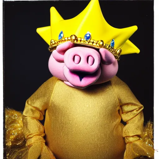 Image similar to studio photograph of a smiling pig depicted as a muppet wearing a gold crown with a yellow background, front view