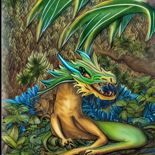 Prompt: A green, blue dragon with an elegant and long body and wolf like face, it has fur and leathery wings, sitting on a clearing in a flowery, jungle, detailed, mtg, realistic