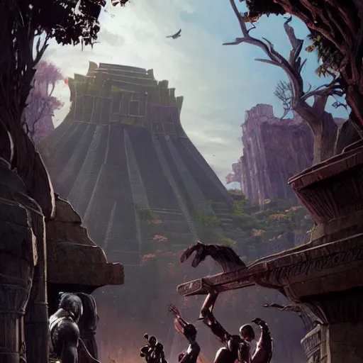 Image similar to black panther aztec temple geog darrow greg rutkowski