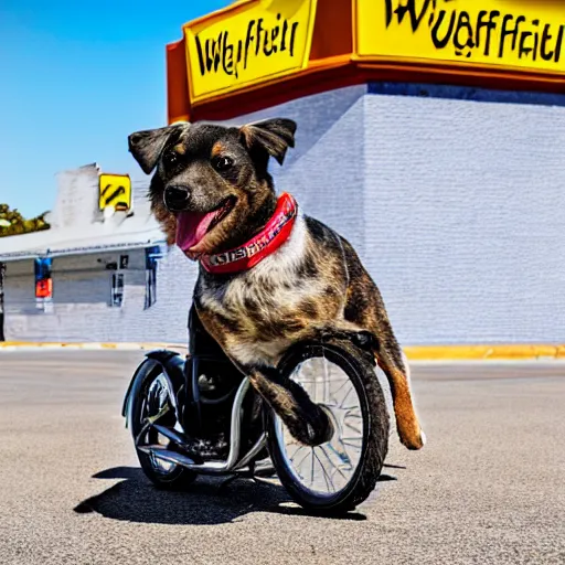 Image similar to blue heeler dog on a motorcycle, 8 k photography, blurred background of a wafflehouse