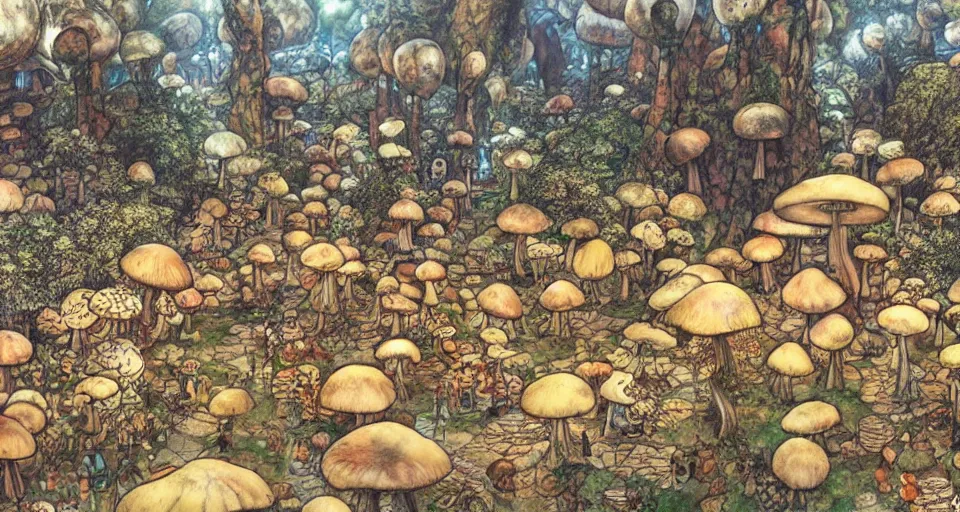 Image similar to A tribal village in a forest of giant mushrooms, by Yoshitaka Amano,