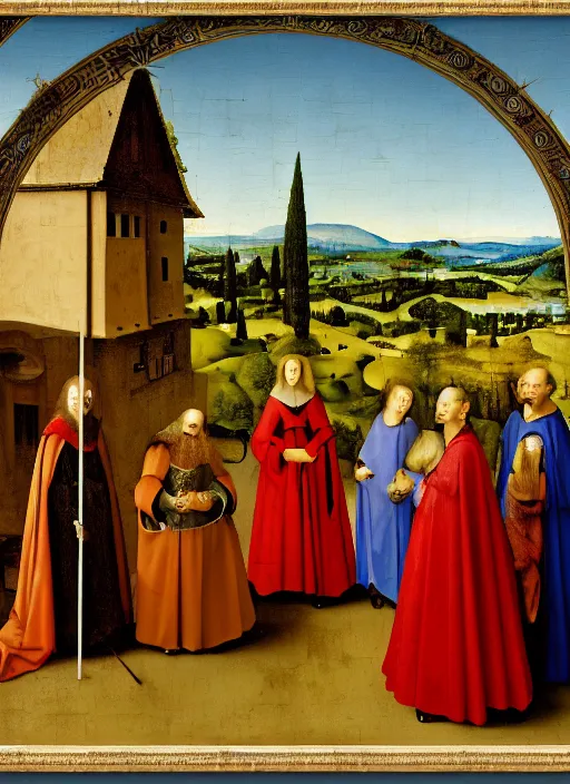 Prompt: Medici family in Tuscany by Jan van Eyck, Hieronymus Bosch, Johannes Vermeer 4k post-processing, highly detailed medieval painting