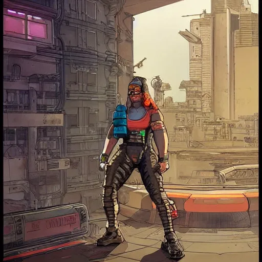 Image similar to Apex legends cyberpunk weight lifter. Concept art by James Gurney and Mœbius.