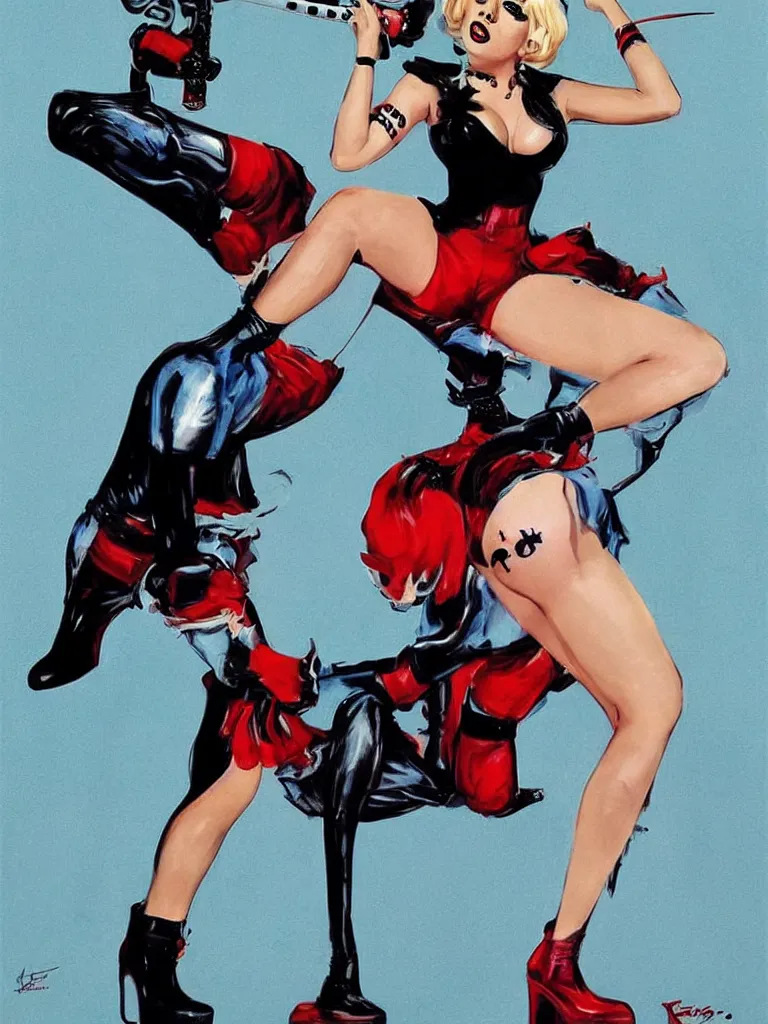 Image similar to a beautiful pinup art of lady gaga as harley quinn, single full body portrait poster, by robert mcginnis