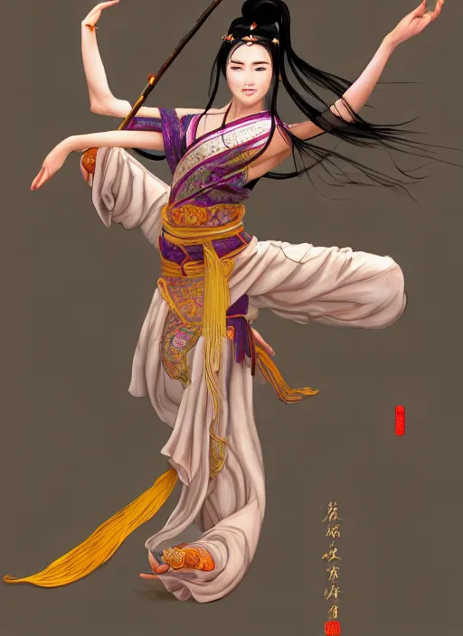 Image similar to a barefoot female dancer using a silk belt as weapon, wuxia, xianxia, barefoot, tanned skin, athletic, vivacious, absurdly beautiful, hanfu, fully clothed, chinese ribbon dance, silk belt, scorpion whip, detailed, anatomically accurate, fantasy illustration, in the style of wlop on artstation, wang liang.
