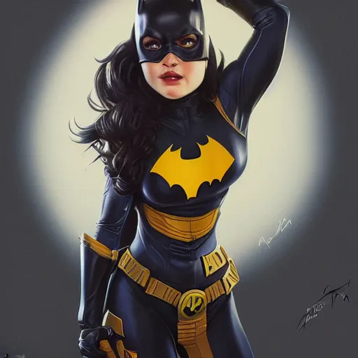 Image similar to full figure ultra realistic illustration, kaitlyn dever as batgirl, intricate, elegant, highly detailed, digital painting, artstation, concept art, smooth, sharp focus, illustration, art by artgerm and greg rutkowski and alphonse mucha