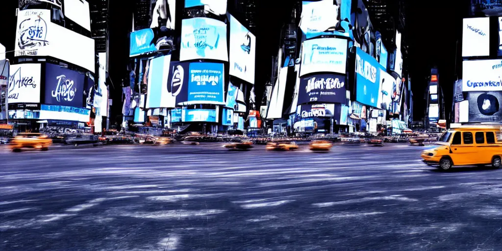 Image similar to a blue and white tuk tuk in Times Square at night, hazy, cloudy, diffused lighting, concept art, dark purple tones, shallow depth of field4k