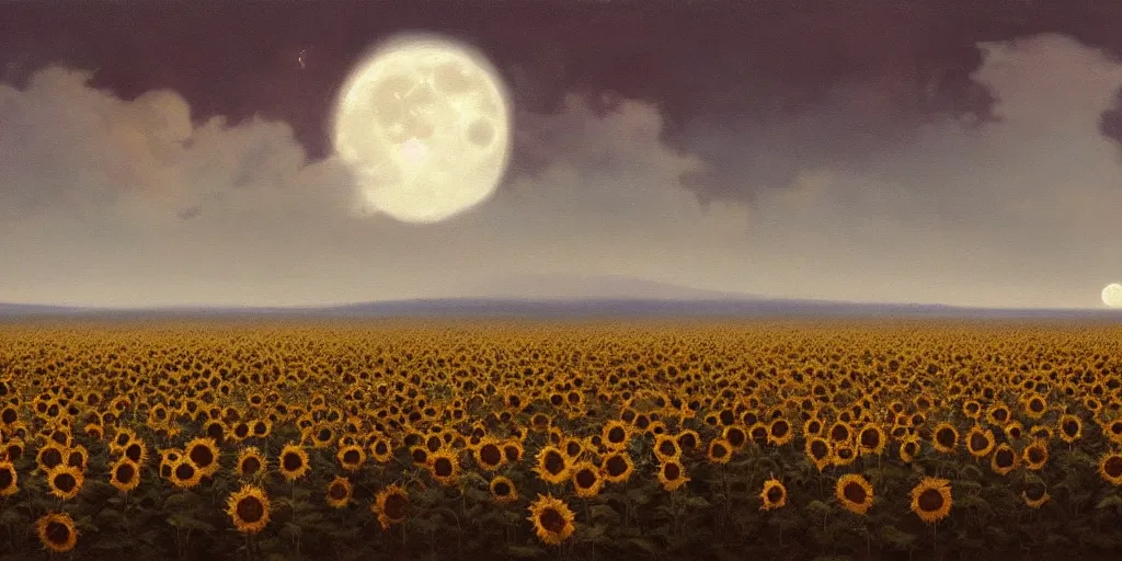 Image similar to A hyper realistic oil painting of a sunflower field at night, gentle light of the moon, high contrast, clouds in the sky, mist in the distance, by Greg Rutkowski, trending on artstation