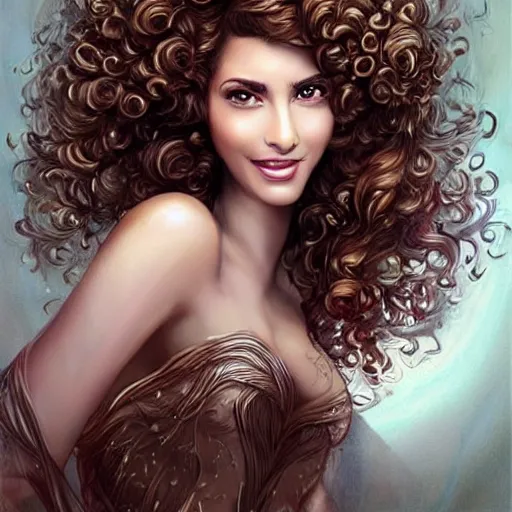 Image similar to beautiful female angel, brunette with big smile and curly hairstyle, looks like Ebru Şahin, Reyyan, looks like Fabiula Nascimento, looks like Laura Barriales, D&D, fantasy, intricate, elegant, highly detailed, digital painting, artstation, concept art, character design, smooth, sharp focus, illustration, art by artgerm and greg rutkowski and alphonse mucha