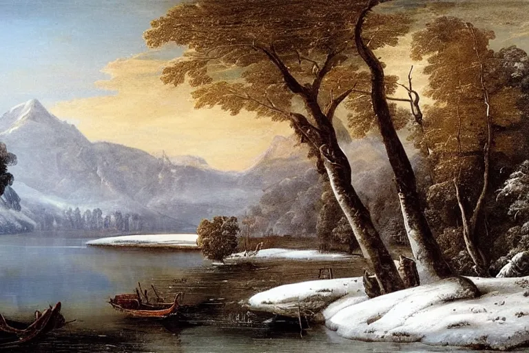 Image similar to beautiful landscape with winter and lake and tropical trees, mythology, fantasy, landscape background, vivid colors, digital painting, very detailed, realistic, high quality, by claude lorrain