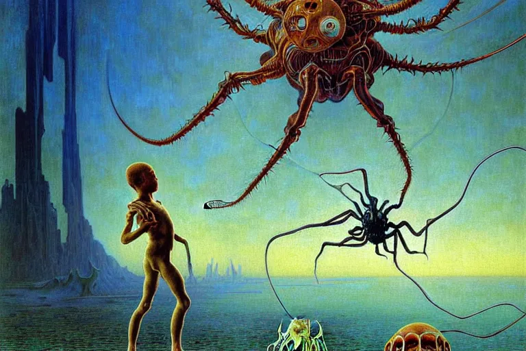 Image similar to realistic extremely detailed portrait closeup painting of a ghost kid playing with giant spider, futuristic sci-fi landscape on background by Jean Delville, Amano, Yves Tanguy, Alphonse Mucha, Ernst Haeckel, Edward Robert Hughes, Roger Dean, rich moody colours, blue eyes