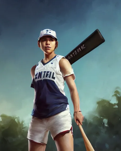 Image similar to epic portrait cinematic shot an female basketball player, white shirt, shorts, a cap, a baseball bat, stadium backround, sunny, fine details. night setting. realistic shaded lighting poster by craig mullism, artgerm, jeremy lipkin and michael garmash, unreal engine, radiant light, detailed and intricate environment, digital art, trending on art station,