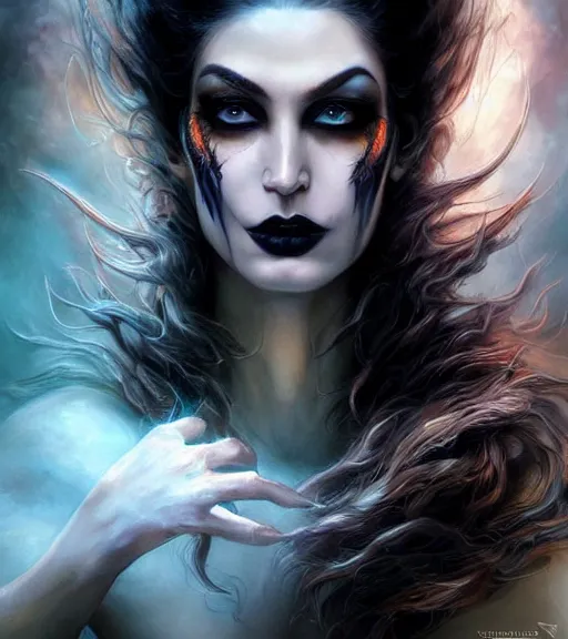 Prompt: a higly detailed airbrush full body shot and face portrait painting of a grim female sorceress with piercing eyes beautiful eyes, dynamic lighting, ambient lighting, deviantart, art by artgerm and karol bak and boris vallejo