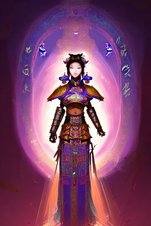 Image similar to beautiful and divine and holy and elite and colorlpunk three kingdom chinese female armor knight portrait like twice tzuyu+shinnyy eyes, ssci-fi, fantasy, neon light at chinese temple rooftop, art and illustration by tian zi and craig mullins and WLOP and alphonse mucha, fantasy, intricate complexity, human structure, human anatomy, fantasy character concept, watermark, blurry, hyperrealism 8k