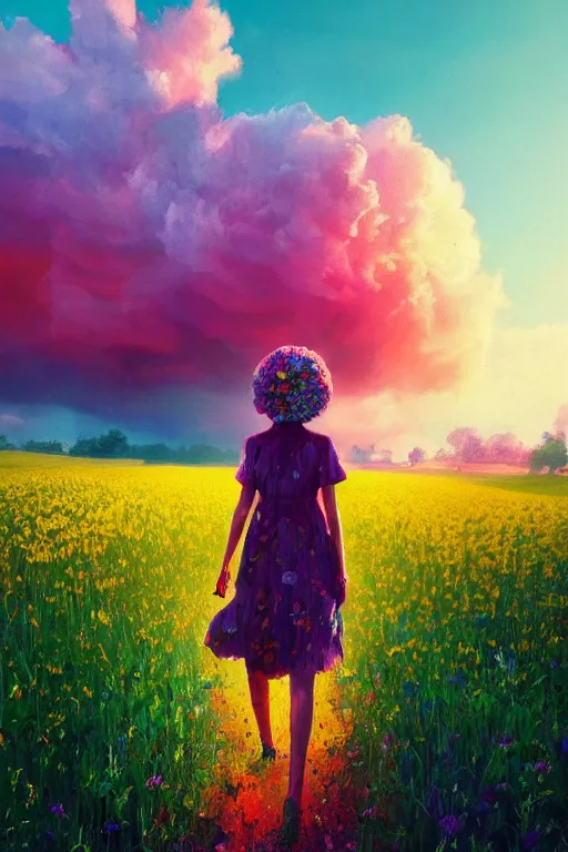 Image similar to giant flower head, girl walking in a flower field, surreal photography, sunrise, dramatic light, impressionist painting, colorful clouds, digital painting, artstation, simon stalenhag