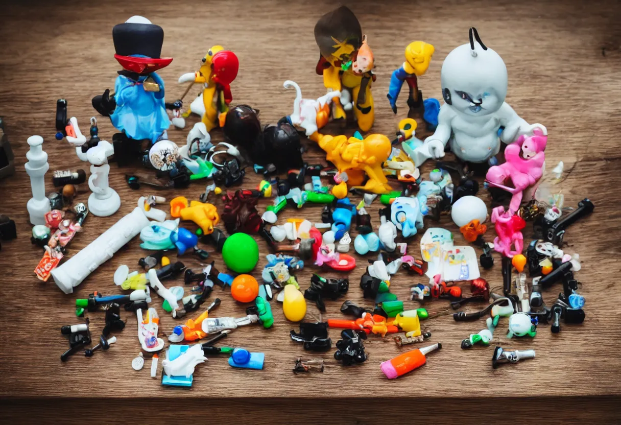 Image similar to wide dslr photo still of an occult toy on a table cluttered with drug paraphernalia