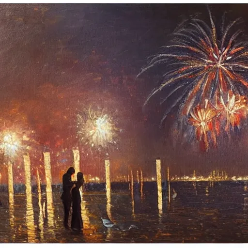 Image similar to an oil painting of couple kissing, in a background fireworks in venice