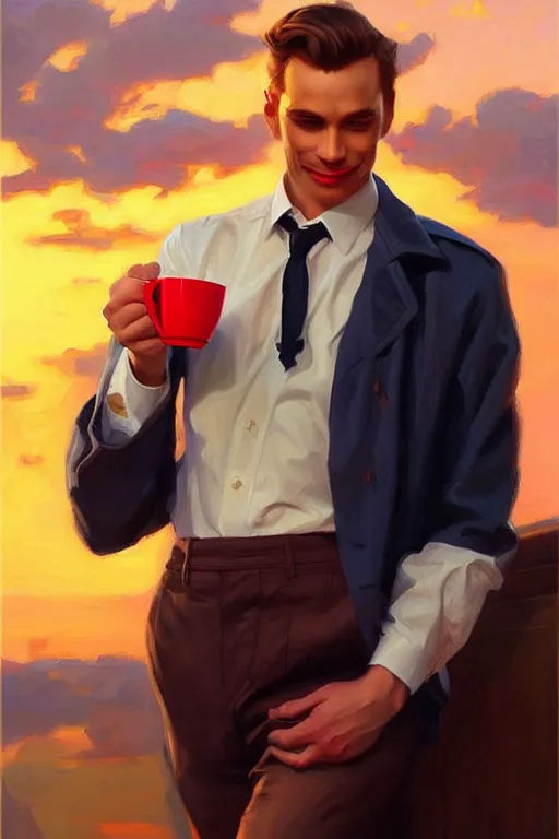 Image similar to attractive man drinking coffee, sunset, painting by vladimir volegov, j. c. leyendecker, tom of finland, trending on artstation