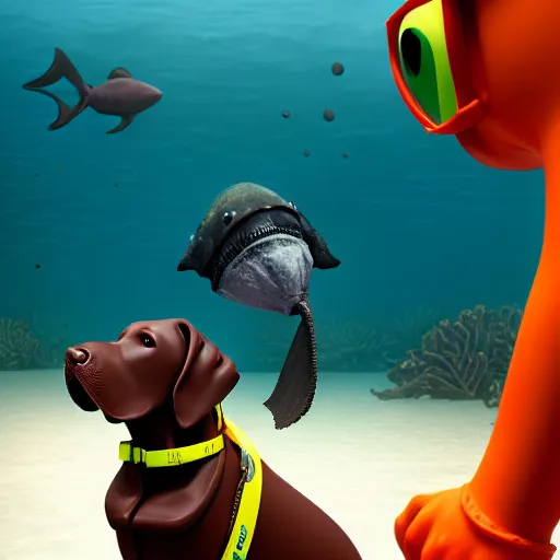 Image similar to lifeguard chocolate lab, 3 d model, hyperealistic, cartoony, 4 k, ultra quality, orange scuba mask, under the sea, murky lighting, angler fish lurking in the background, artstation, unreal engine