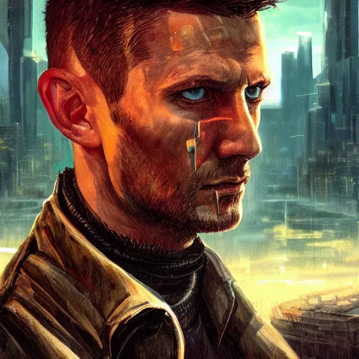 Prompt: cyberpunk, armitage, closeup portrait of a stoic ex soldier with a battlescar and light blue eyes, brown buzzcut, cyborg, dramatic light, city background, sunset, dystopian setting, high contrast, sharp, neuromancer, painted by stanley lau, painted by greg rutkowski, painted by stanley artgerm, digital art, trending on artstation