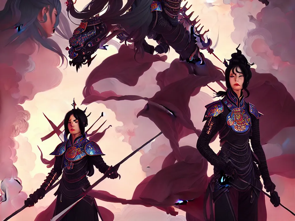 Image similar to portrait hero action pose of futuristic black hair female knights of zodiac, abstract chinese dragon concept art, d & d, at neon light ancient temple, highly detailed, digital painting, artstation, sharp focus, illustration, art by tan zi and ayanamikodon and alphonse mucha and wlop