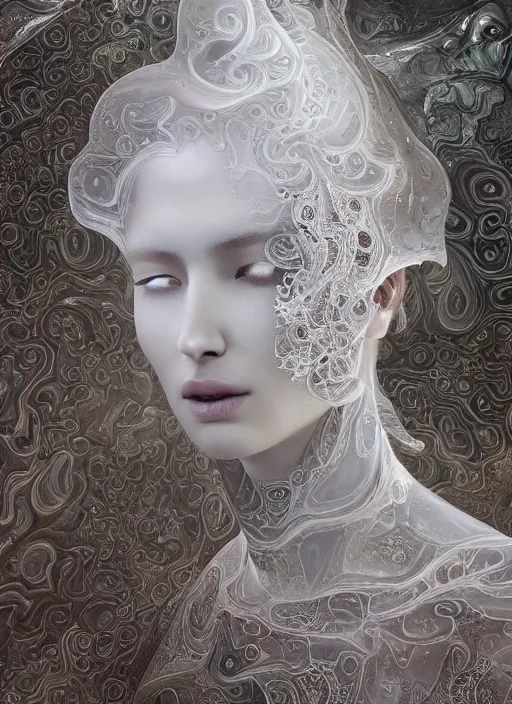 Prompt: opalescent marble sculpture of beautiful woman dissolving into shimmering dust, diaphanous, ivory carving, pearlescent, caustics, fractal paisley inlay, lace, intricate, elegant, highly detailed, digital photography, artgerm, feathers, subsurface scattering, caustics, lace, by ruan jia and greg rutkowski