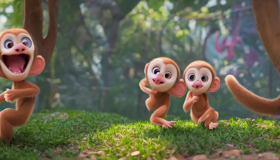 Prompt: very very very cute baby monkeys by Max Kostenko and Bobby Chiu, disney, pixar, MPC, Framestore, character design for animation, uplight, a lineup of characters, big disney eyes, symmetrical eyes, cuteness, 3d render, octane rendered, rendered by maya and houdini, highly detailed, unreal engine, Trending on Artstation, octane render, 4k, 8k, HD