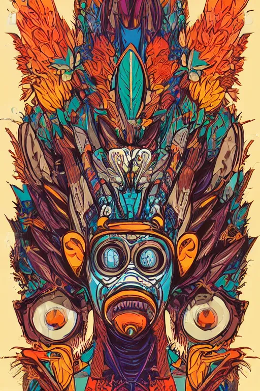 Image similar to animal mask totem roots flower tribal feather gemstone plant wood rock shaman vodoo video game vector cutout illustration vivid multicolor borderlands comics by josan gonzales and dan mumford radiating a glowing aura