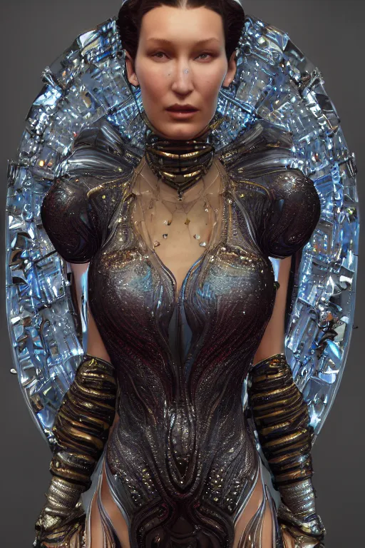 Image similar to a highly detailed metahuman 4 k render of an alien goddess bella hadid in iris van herpen dress schiaparelli in diamonds swarovski and jewelry in style of alphonse mucha trending on artstation made in unreal engine 4