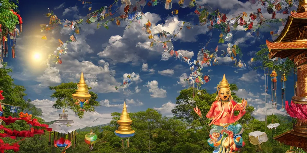 Prompt: wind god enjoying the view from his stone heavenly palace, decorated with windchimes and paper lanterns, nature, clouds and pagodas in background, digital art