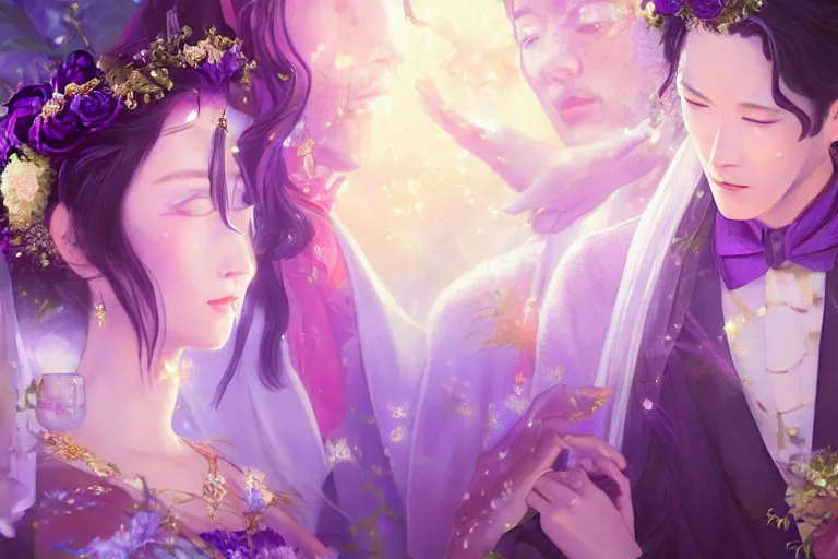 Image similar to a dreamlike cinematic portrait of wedding photograph jpeg close up moment of a divine a japan sun god and moon goddess lovers magician at a wedding banquet. portraiture. digital painting. artstation. concept art. fantasy wedding photo. digital painting, 8 k realistic, hyper detailed, violet evergarden art masterpiece by art by krenz cushart