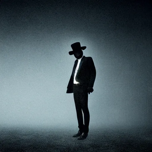 Prompt: mysterious man in black suit and black hat, he has a pistol, smoke, fog, mysterious, 4 k, highly detailed, digital art, strong shadows, high contrast, epic scene, atmospheric, blue colours, surrounded by dark shadows on the wall