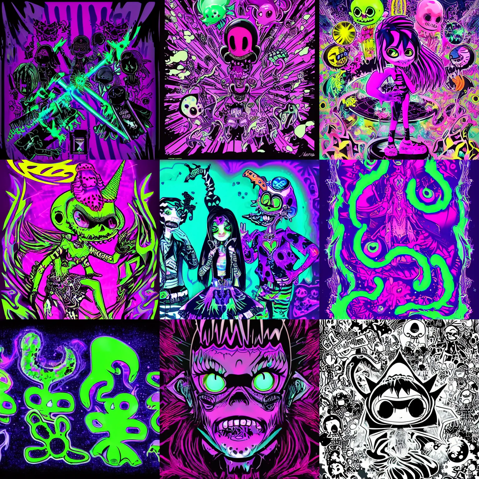 Prompt: CGI lisa frank gothic punk blacklight glow in the dark vampiric rockstar underwater caustics vampire squid background designs of various shapes and sizes by genndy tartakovsky and ruby gloom by martin hsu and the creators of fret nice at pieces interactive and splatoon by nintendo and psychonauts by doublefines tim shafer being overseen by Jamie Hewlett from gorillaz for splatoon by nintendo