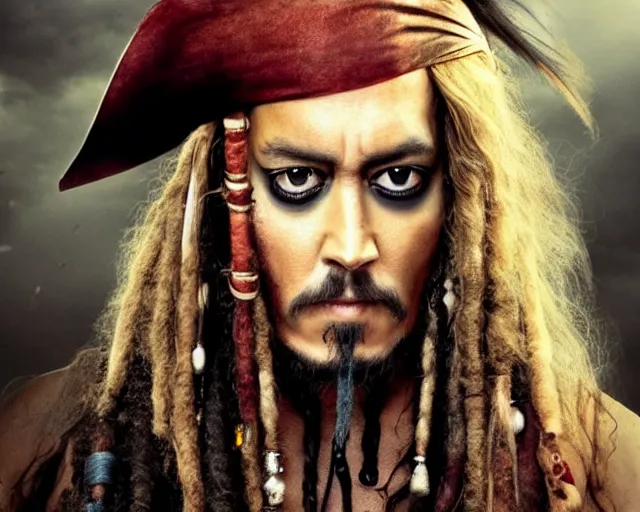 Image similar to a beautiful blend of amber heard and captain jack sparrow, hyper realistic face, beautiful eyes, cinematic, long shot, hyper detailed, 8 5 mm photograph, 8 k resolution, film still, sharp lens, wide lens