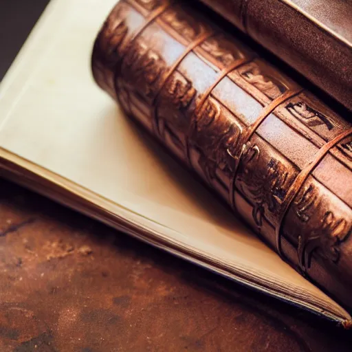 Image similar to a closeup of a closed book sitting on a desk, the cover is ornately carved leather, beside the book is an ancient scroll, dark, single light, vignette, magic, fantasy