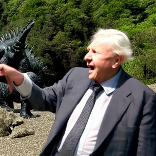 Image similar to Sir David Attenborough excited pointing at Godzilla