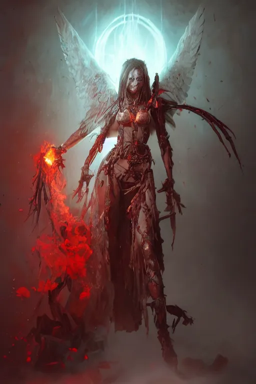 Image similar to beautiful girl necromancer, witch - doctor covered in blood, fallen angel, diablo, 3 d render, hyper - realistic detailed portrait, holding fire and electricity, ruan jia, wlop. scifi, fantasy, magic the gathering, hyper detailed, octane render, concept art, peter mohrbacher