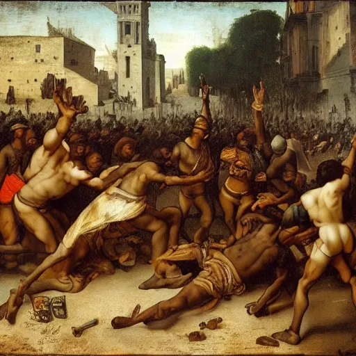 Image similar to Painting of the 2020 black lives matter riots, by Leonardo da Vinci