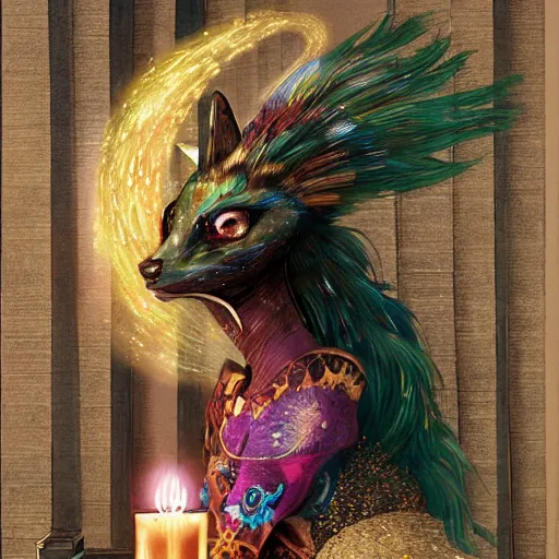 Prompt: an anime of a colorful starry fox peacock character with pronounced oni fangs, wearing star filled mage robes, sitting in a library over candlelight, art by yuji ikehata, realism, detailed, proper proportions, fully clothed